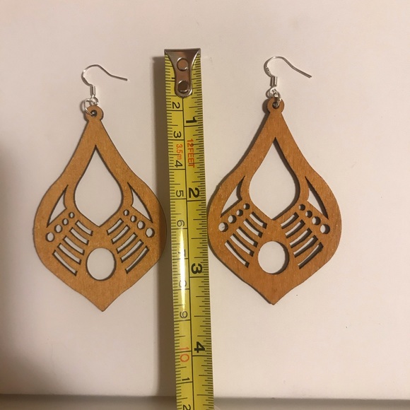 Hand Carves Hollow Wood Drop Earrings - Picture 4 of 4